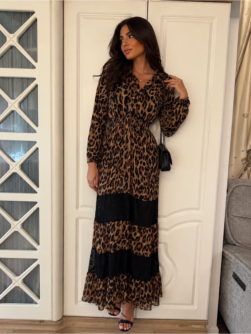 Leopard Print Long Sleeve Maxi Dress in Brown